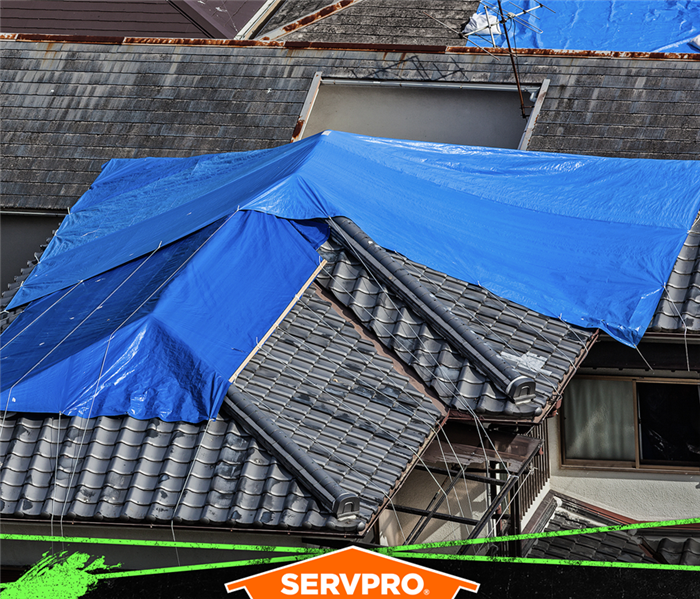 Blue tarp covering the roof of a home.